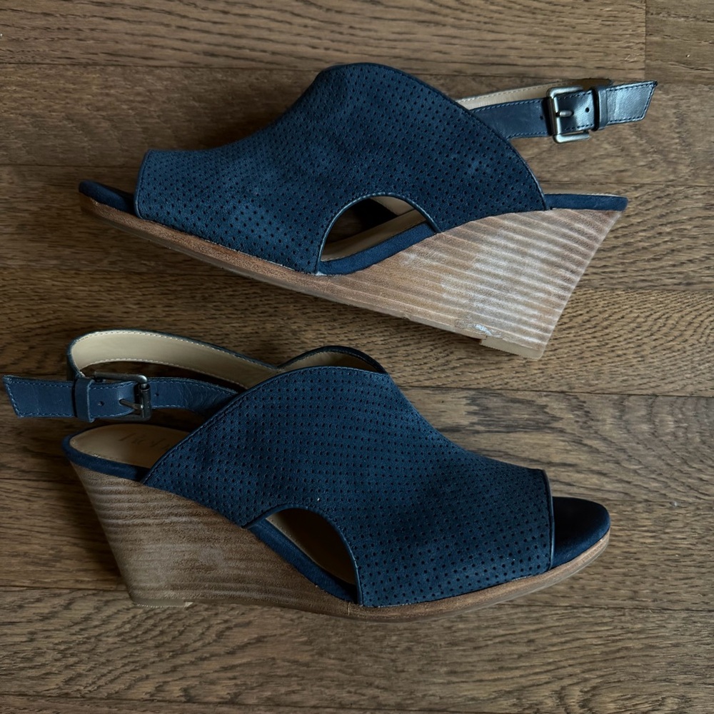 Reba Perforated Peep-Toe Slingback Wedges in Navy Blue